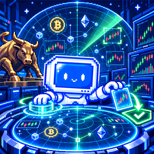Stonky trading beside a golden bull with holographic charts