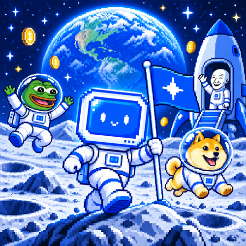 Stonky planting a flag on the moon with Pepe, Doge, and Wojak