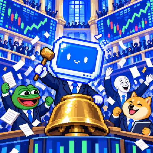 Stonky ringing the exchange bell with Pepe, Wojak, and Doge