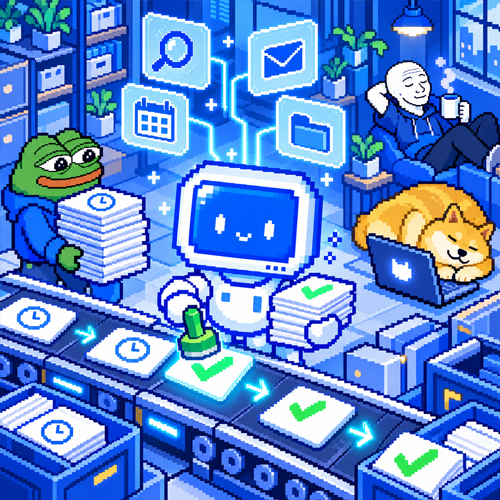 Stonky stamping green checks while Pepe carries papers