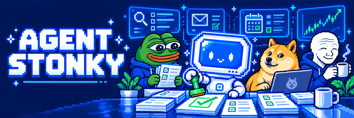 Agent Stonky desk scene with Pepe, Doge, and Wojak