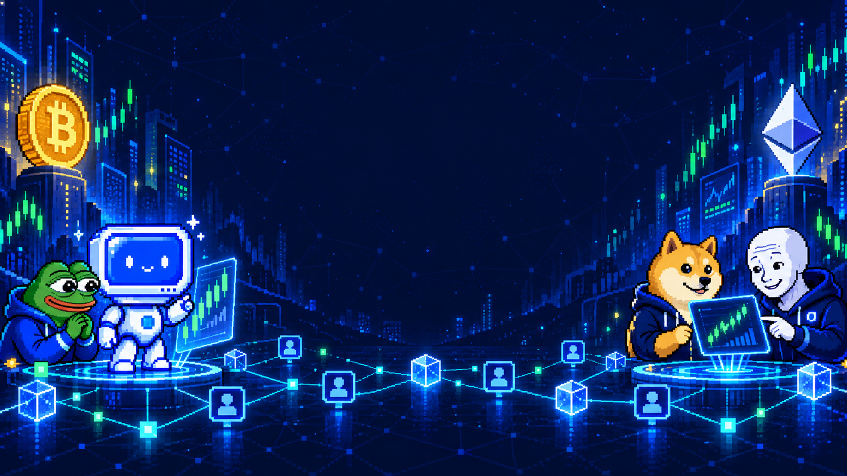 Pepe, Stonky, Doge, and Wojak on glowing platforms in a neon crypto city